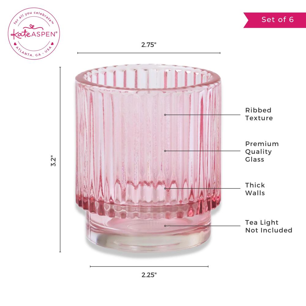 Ribbed Pink Glass Votive Candle Holder (Set of 6)