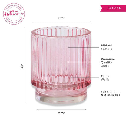 Ribbed Pink Glass Votive Candle Holder (Set of 6)