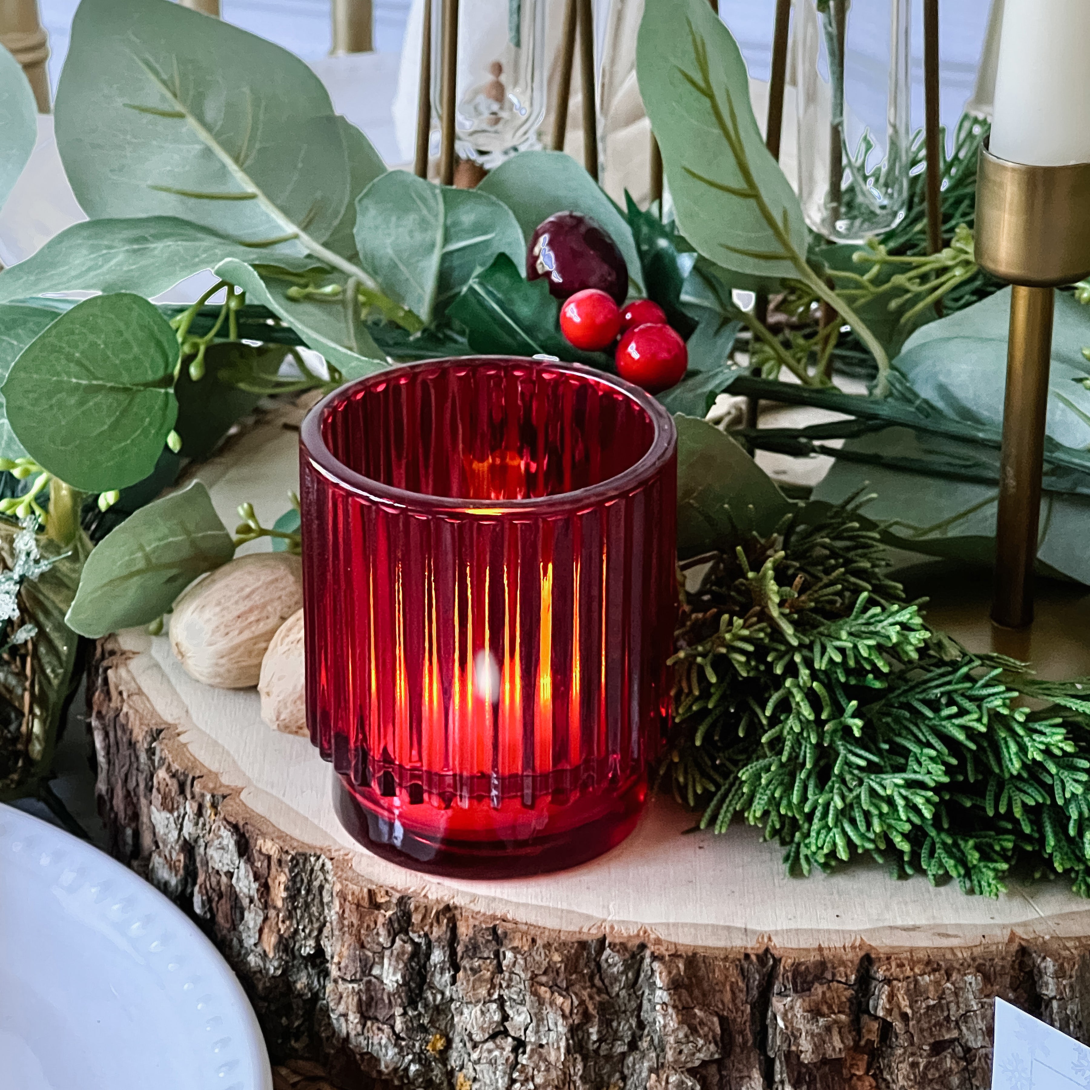 Ribbed Red Glass Votive Candle Holder (Set of 6)