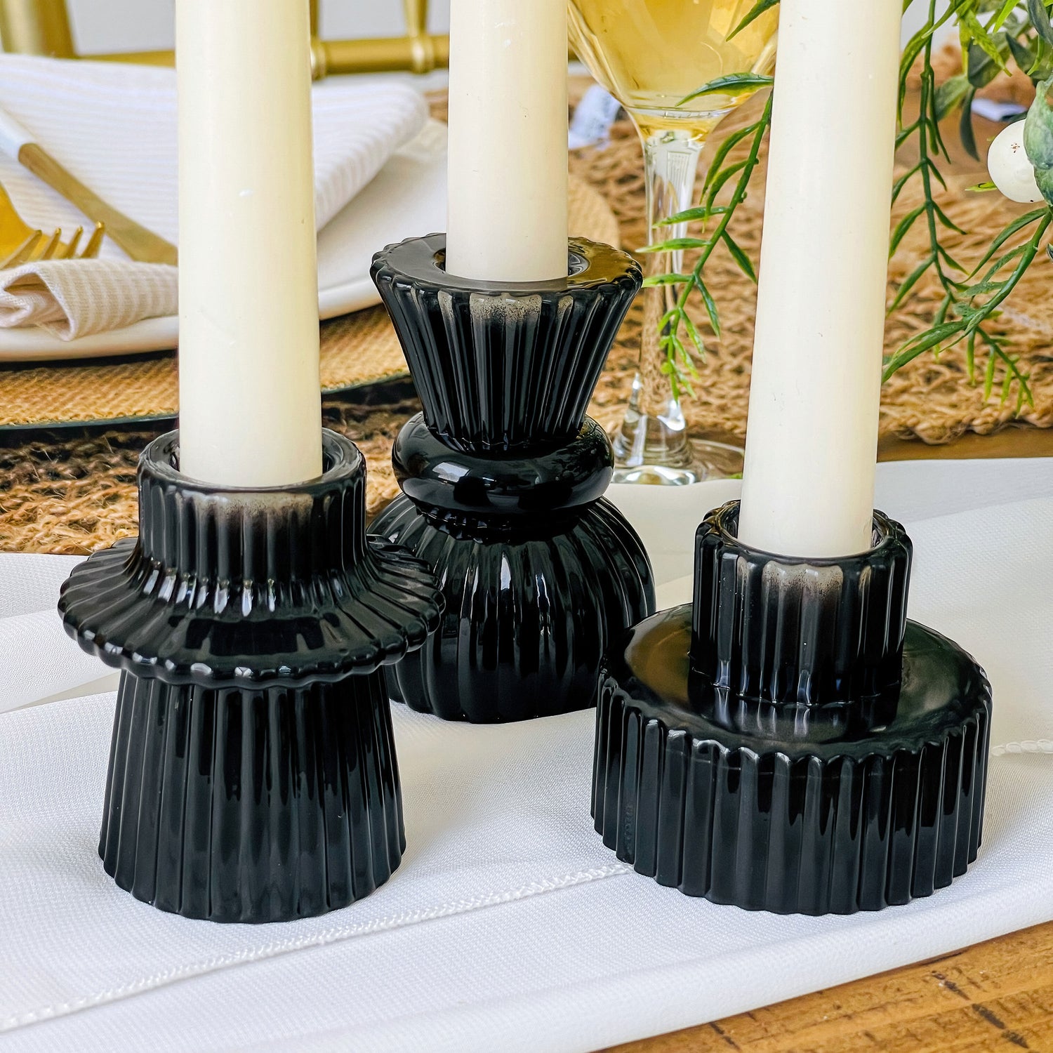Black Ribbed Candlestick/Tealight Holders- Set of 6