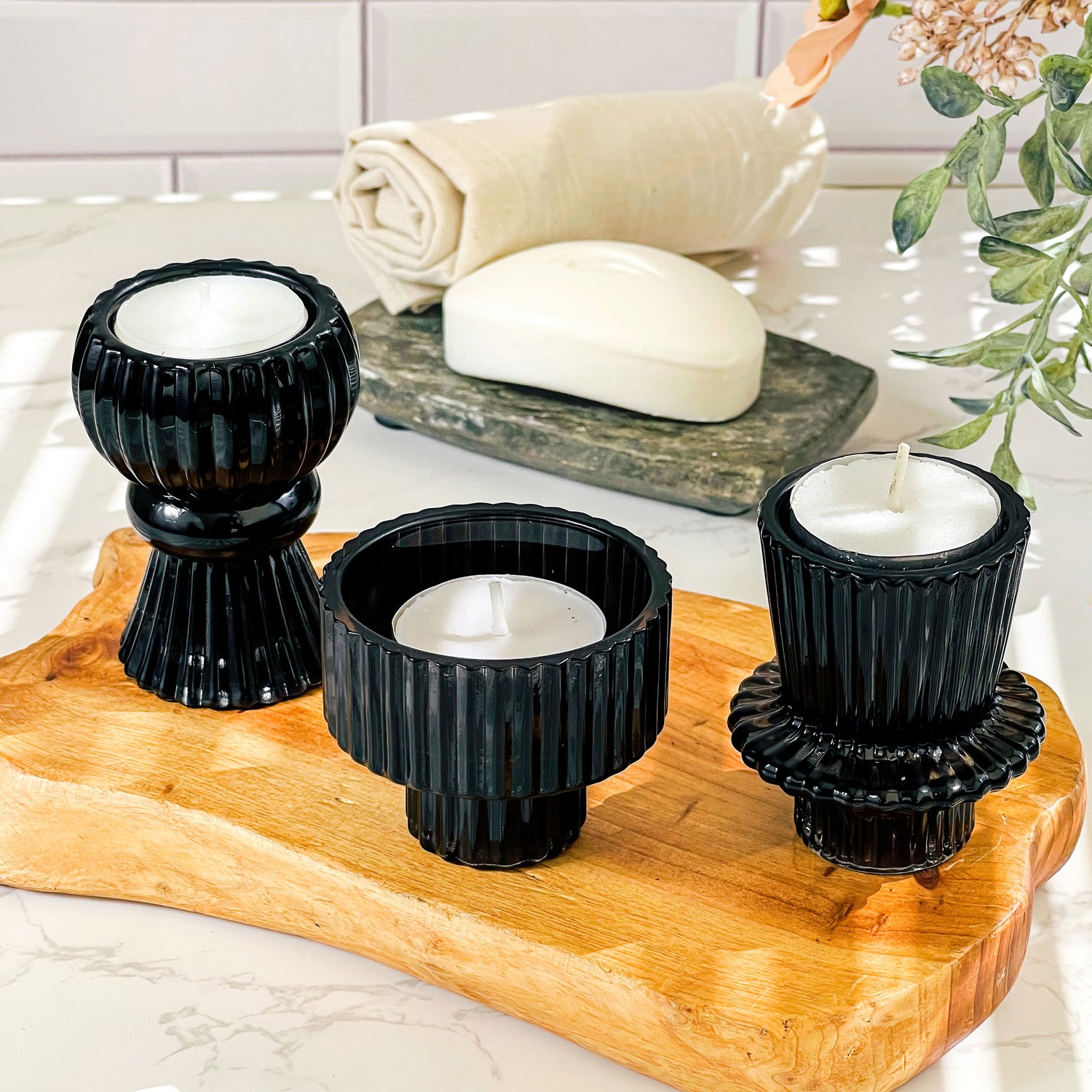 Black Ribbed Candlestick/Tealight Holders- Set of 6