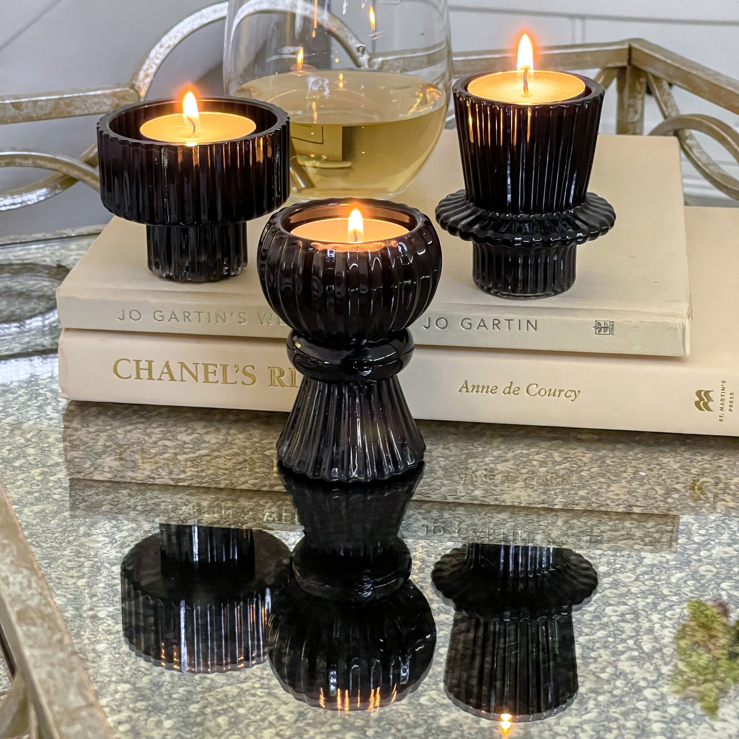 Black Ribbed Candlestick/Tealight Holders- Set of 6