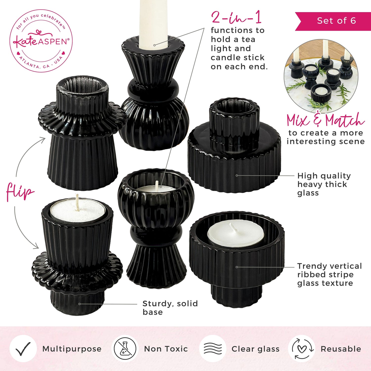 Black Ribbed Candlestick/Tealight Holders- Set of 6