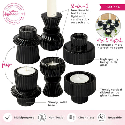 Black Ribbed Candlestick/Tealight Holders- Set of 6