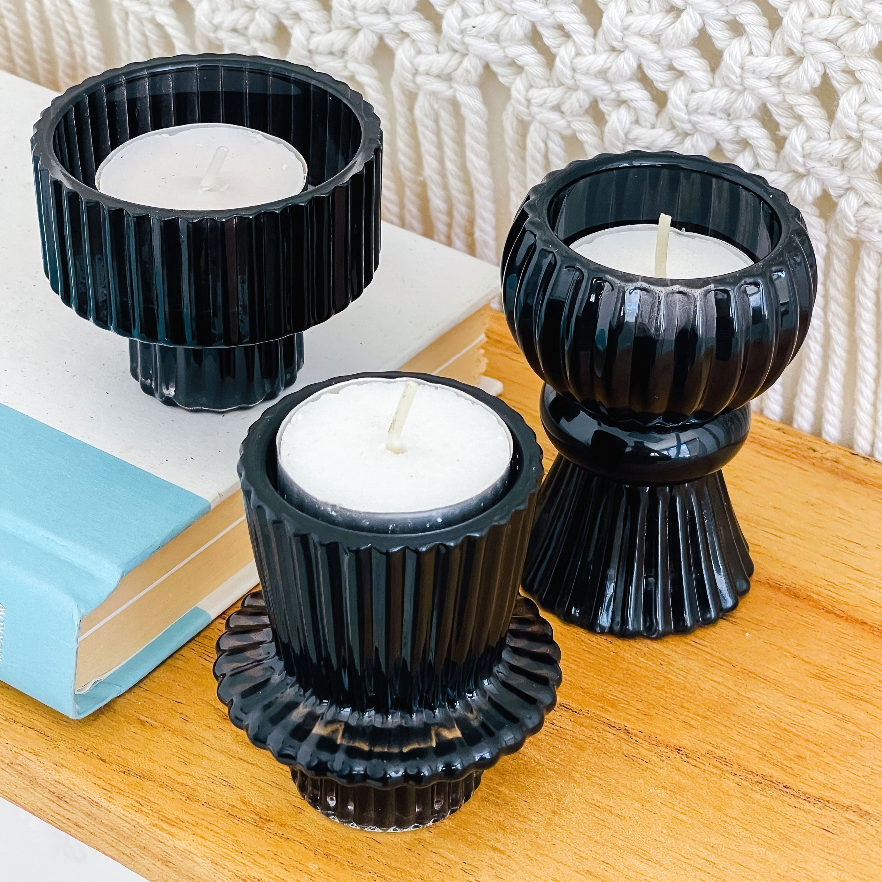 Black Ribbed Candlestick/Tealight Holders- Set of 6