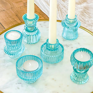 Vintage Ribbed Blue Glass Candle/Candlestick Holders Set of 6 - Assorted