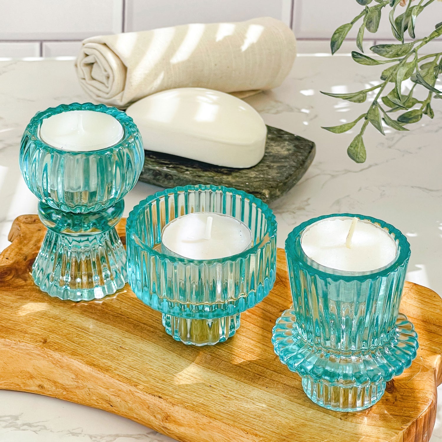 Blue Ribbed Candlestick/Tealight Holders- Set of 6
