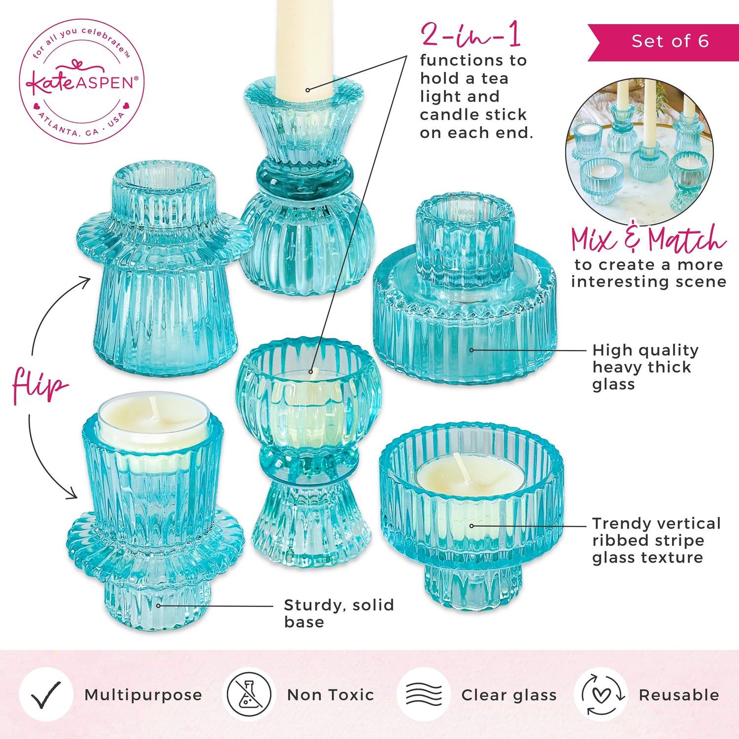 Blue Ribbed Candlestick/Tealight Holders- Set of 6