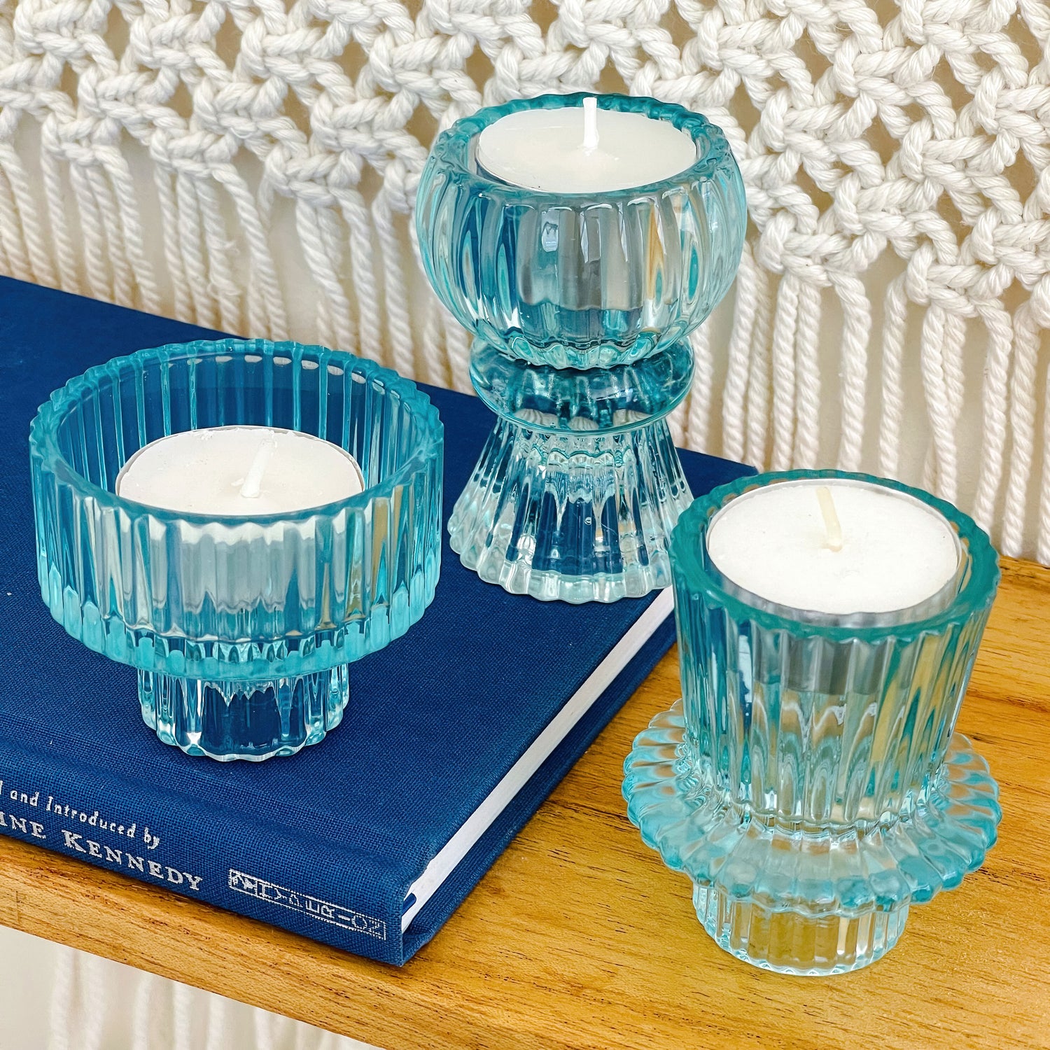 Blue Ribbed Candlestick/Tealight Holders- Set of 6