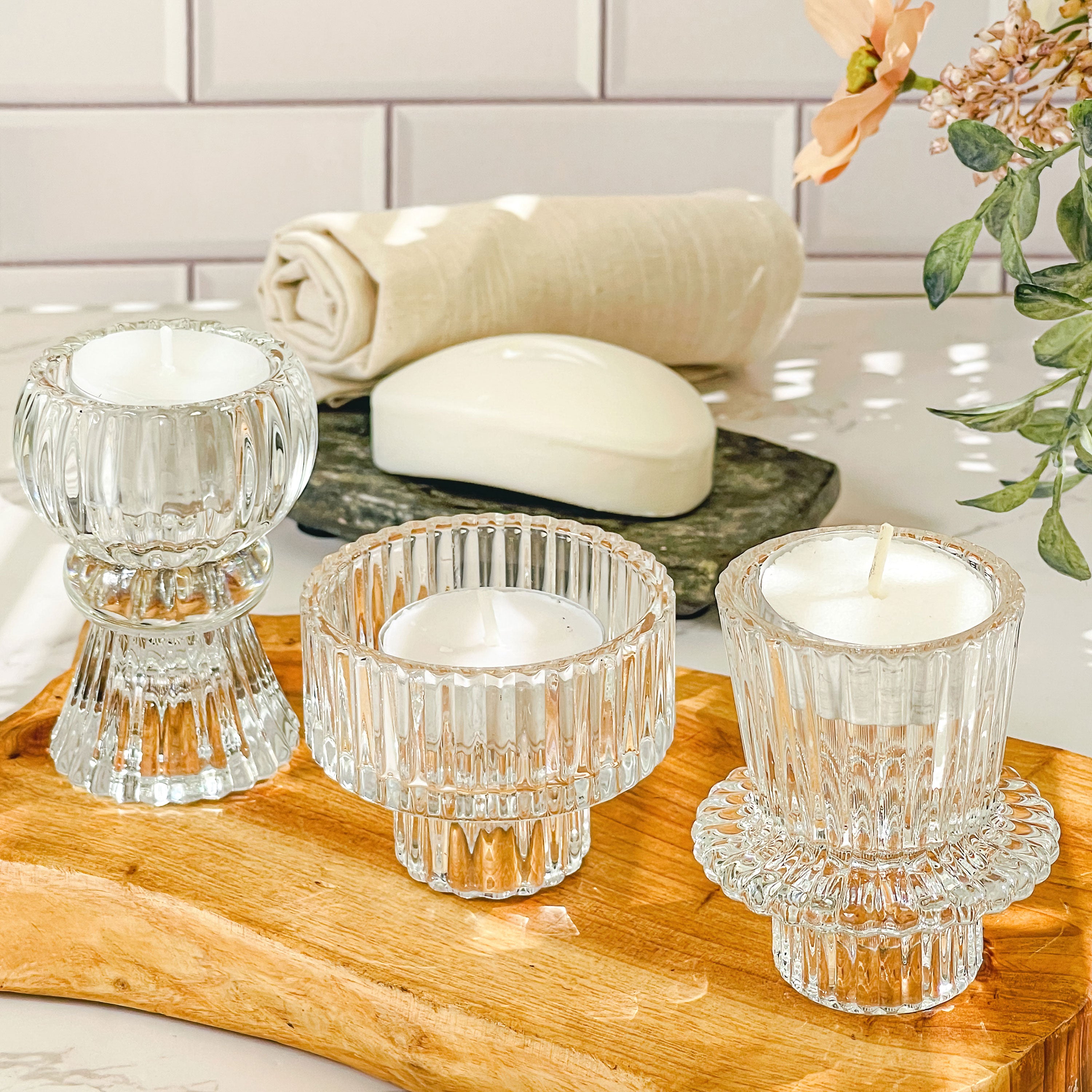 Clear Ribbed Candlestick/Tealight Holders- Set of 6