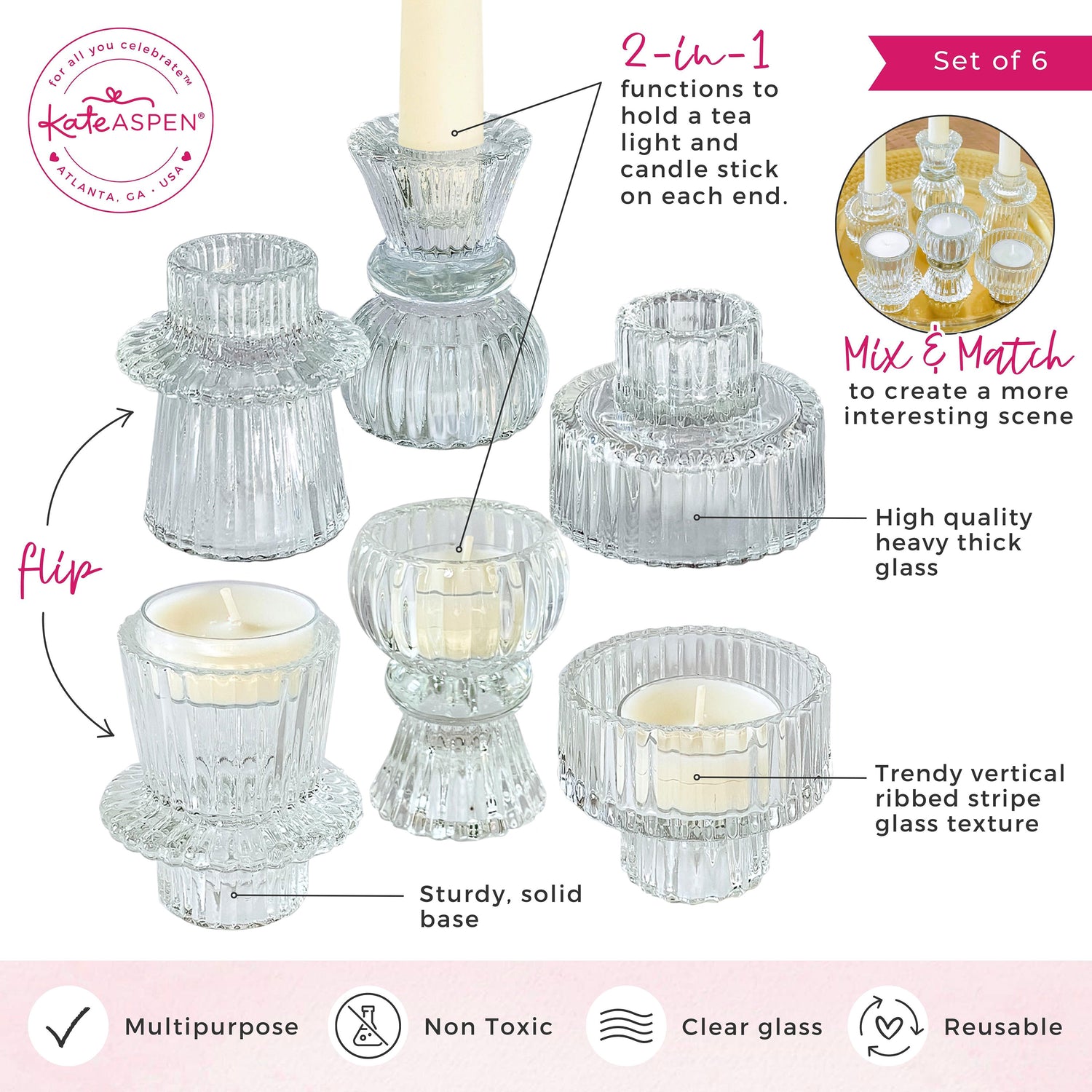 Clear Ribbed Candlestick/Tealight Holders- Set of 6