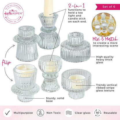 Clear Ribbed Candlestick/Tealight Holders- Set of 6