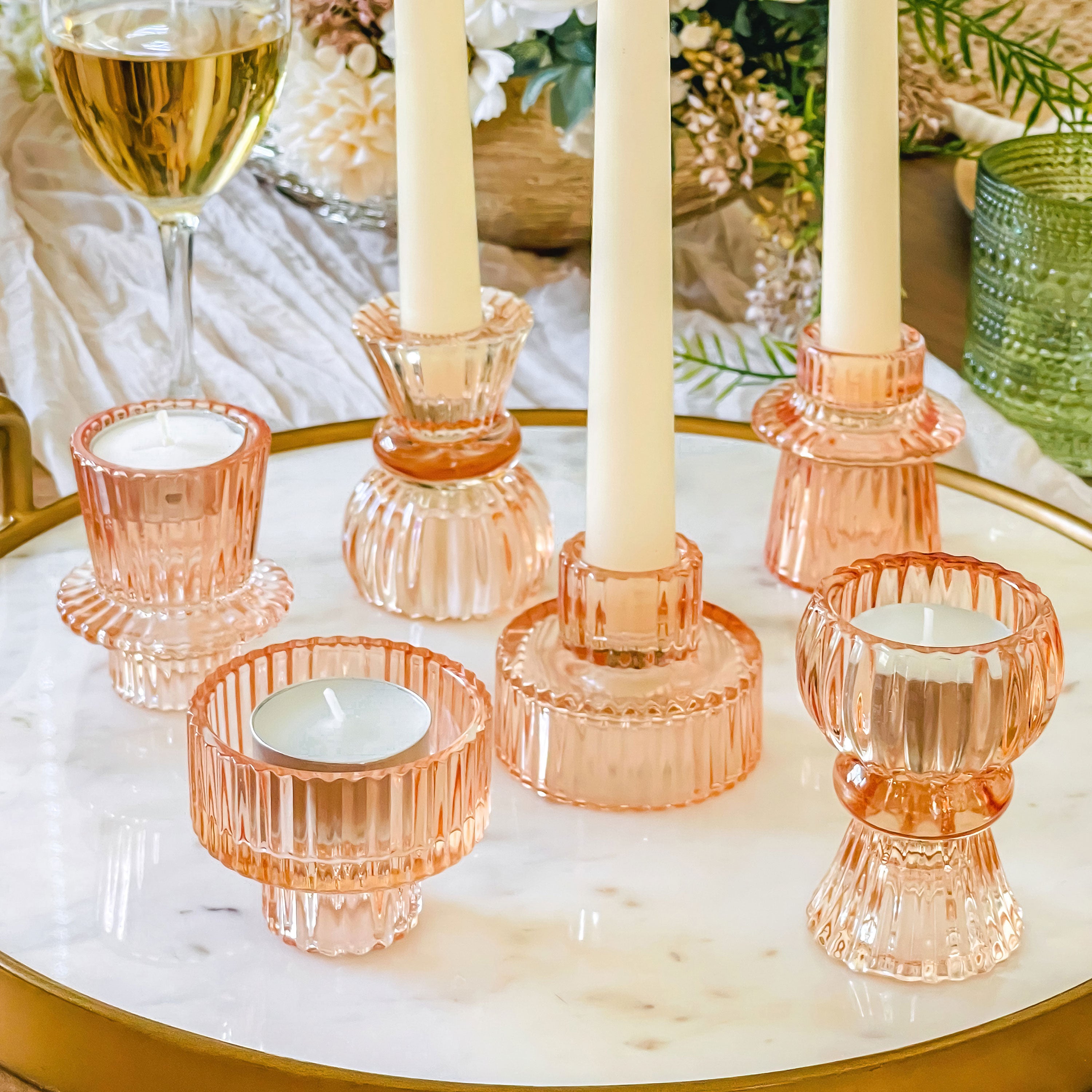 Rose Gold Ribbed Candlestick/Tealight Holders- Set of 6