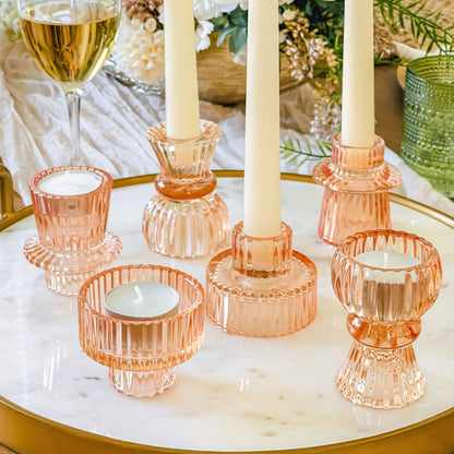 Rose Gold Ribbed Candlestick/Tealight Holders- Set of 6
