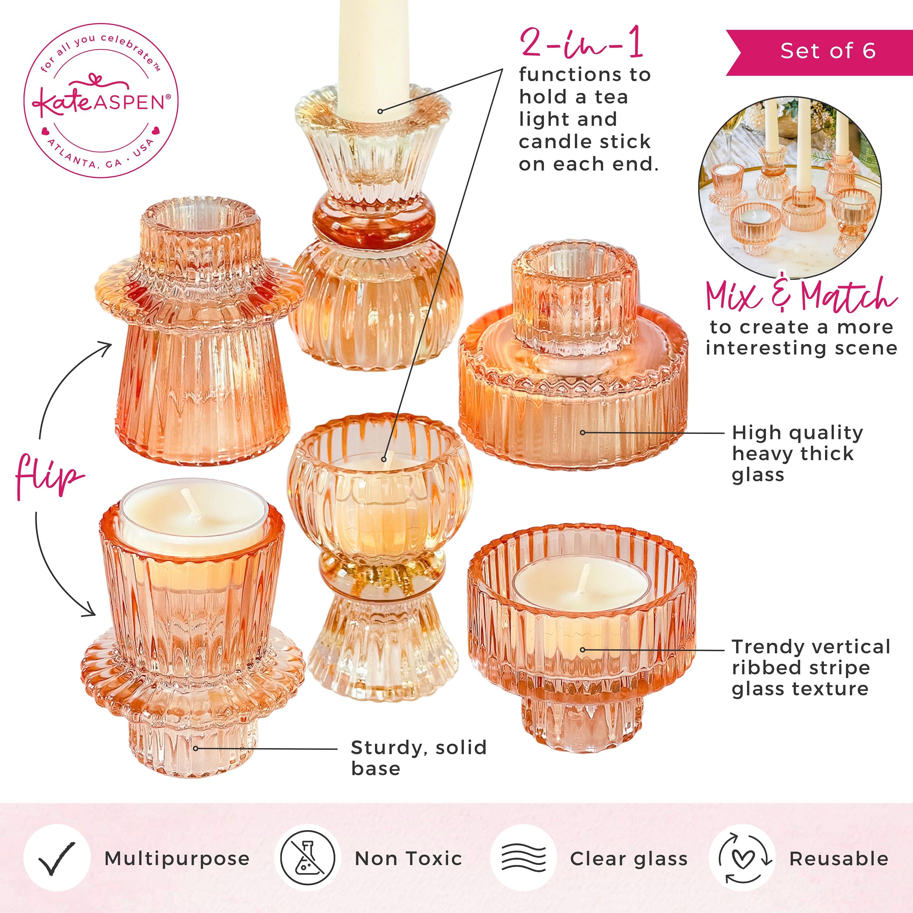 Rose Gold Ribbed Candlestick/Tealight Holders- Set of 6