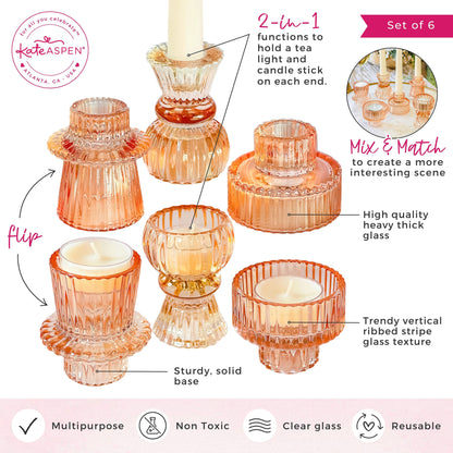 Rose Gold Ribbed Candlestick/Tealight Holders- Set of 6