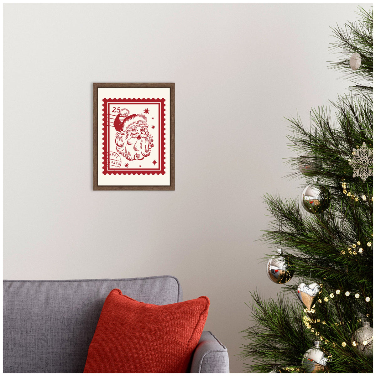 Retro Santa Christmas Stamp by Lucky Guava Framed Canvas Wall Art Print