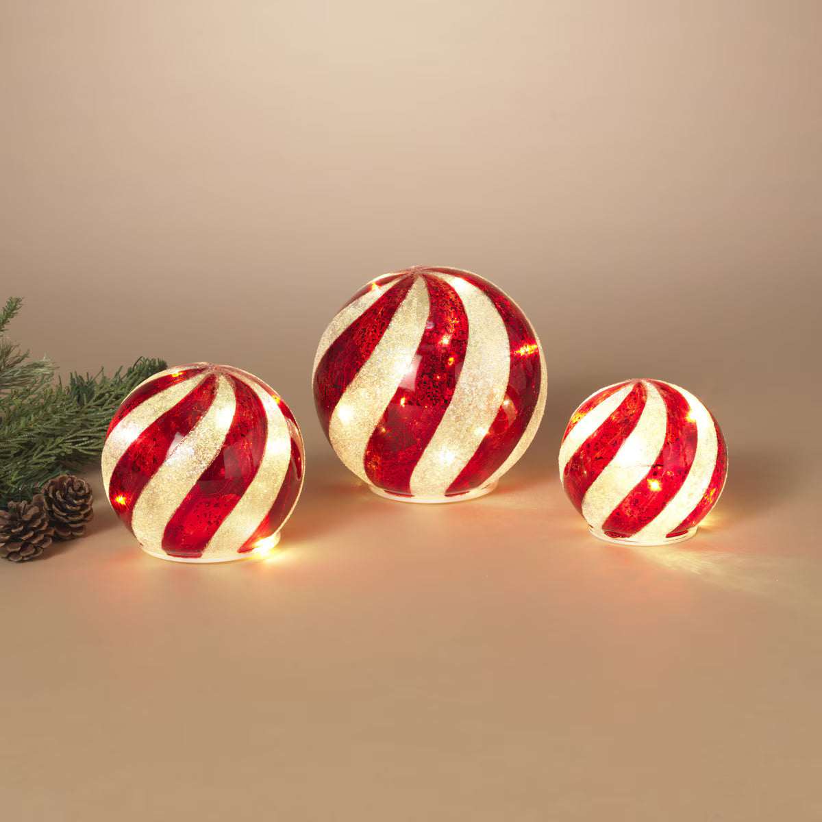 Set of 3 Lighted Mercury Glass Candy Stripe Sphere Luminaries w/ Timer