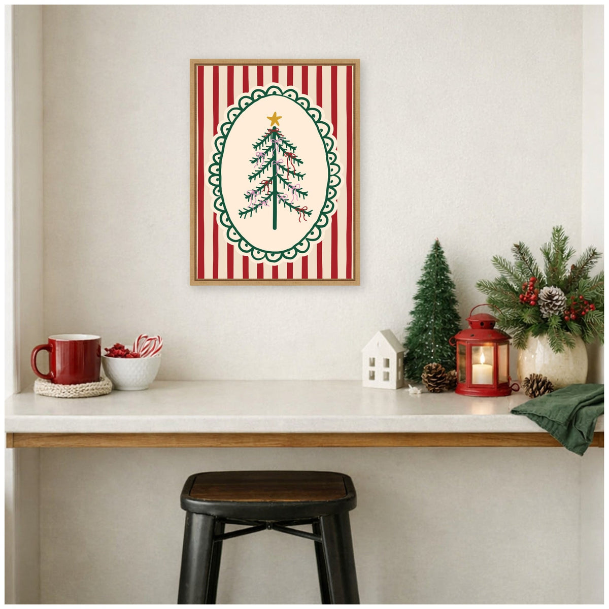 Retro Striped Christmas Tree by Lucky Guava Framed Canvas Wall Art Print