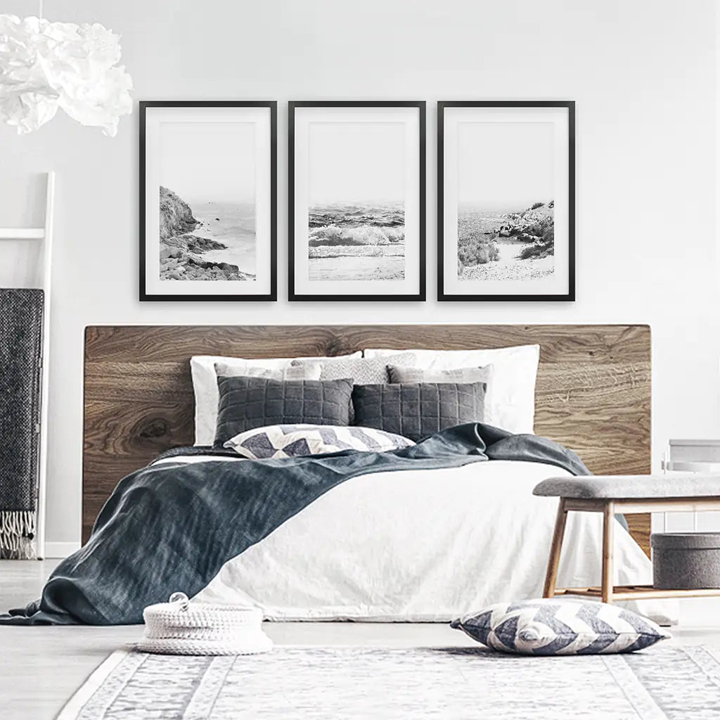 Coastal Black White Photography Set. Waves, Rocky Beach