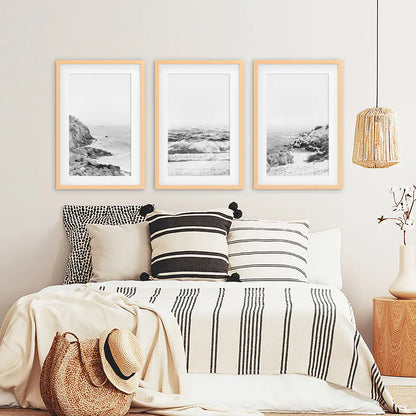 Coastal Black White Photography Set. Waves, Rocky Beach