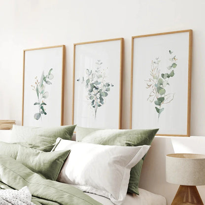 Gold &amp; Green Eucalyptus Wall Art Set of 3
