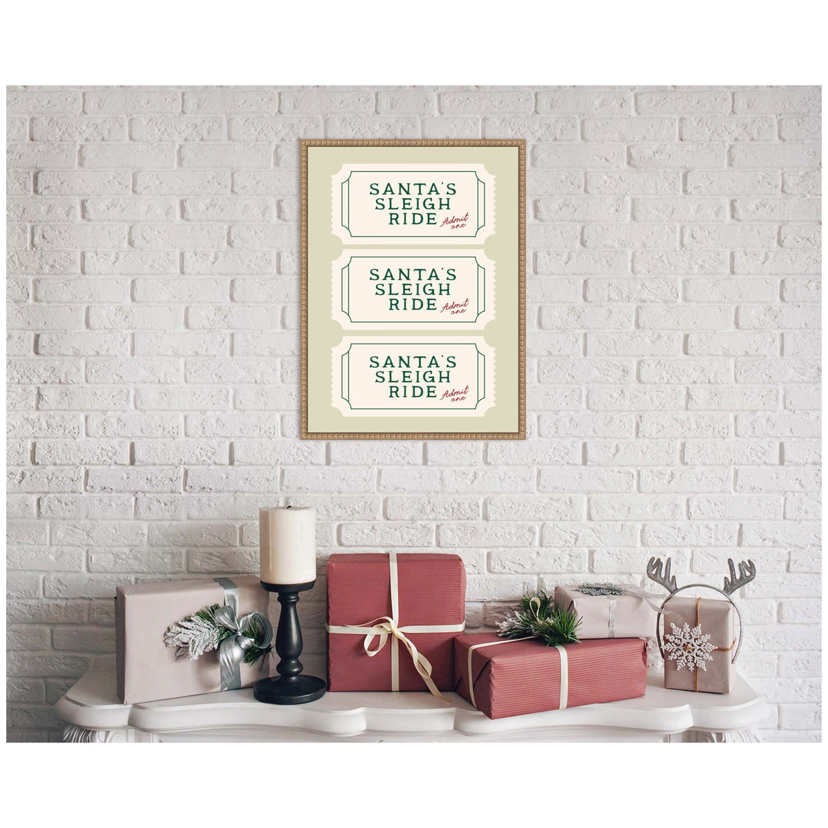 Santa Sleigh Ride Retro Ticket by Lucky Guava Framed Canvas Wall Art Print