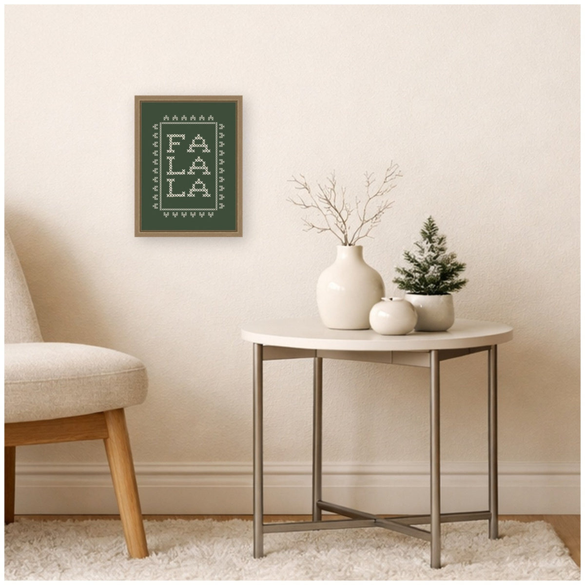 Fa La La Cross Stitch Green by Kikiandnim Framed Canvas Wall Art Print