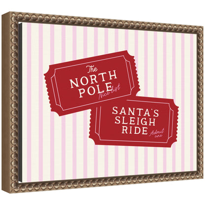 Pink North Pole Sleigh Ticket by Lucky Guava Framed Canvas Wall Art Print
