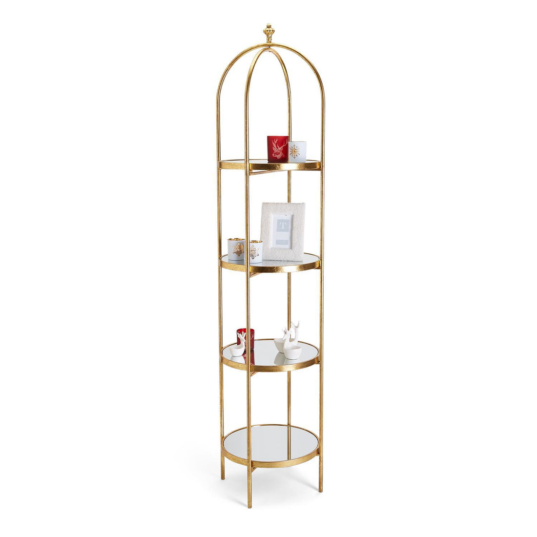 Golden Etagere with 4 Mirror Glass Shelves and Decorative Finial