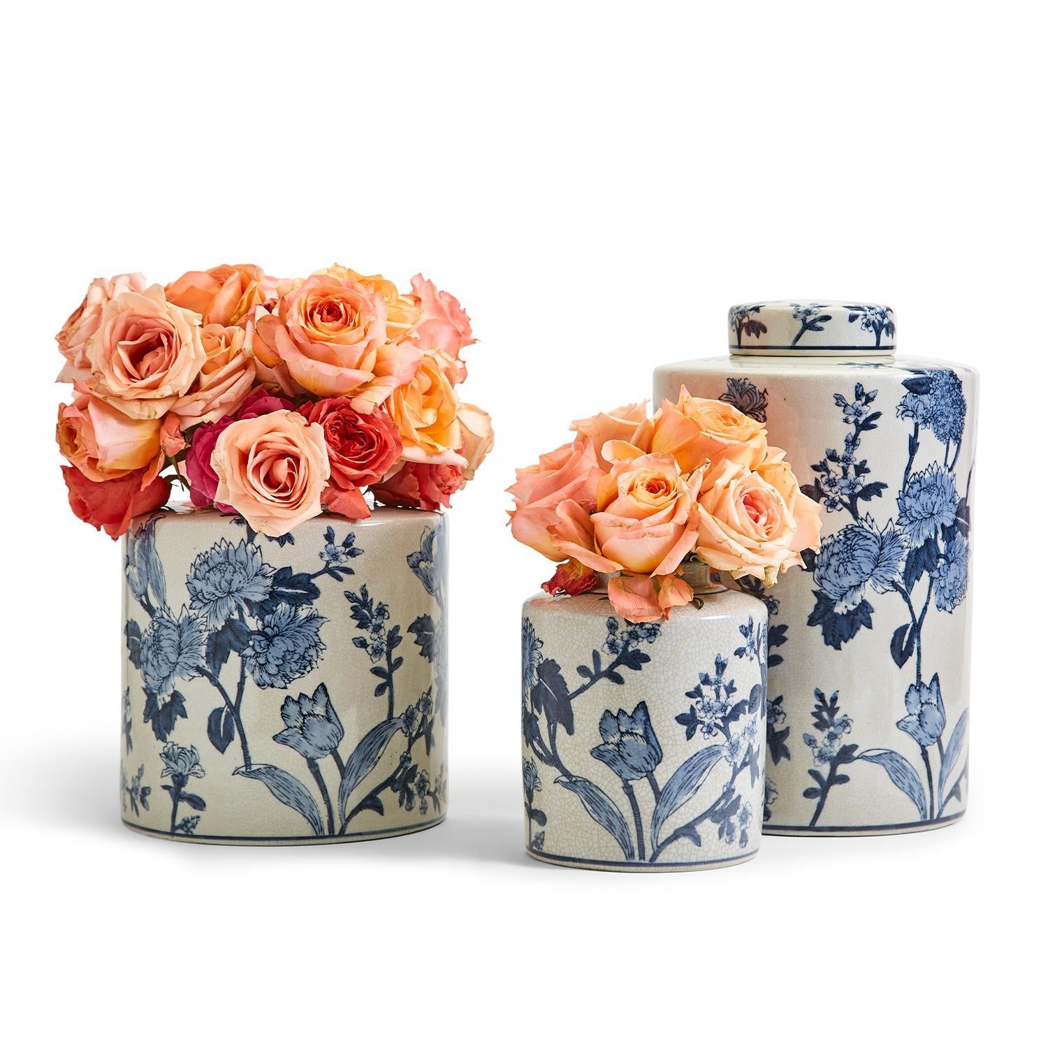 Japanese Blossom Set of 3 Blue and White Decorative Tea Jars with Crackle Finish