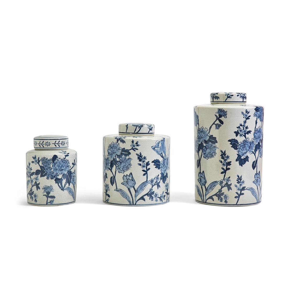 Japanese Blossom Set of 3 Blue and White Decorative Tea Jars with Crackle Finish
