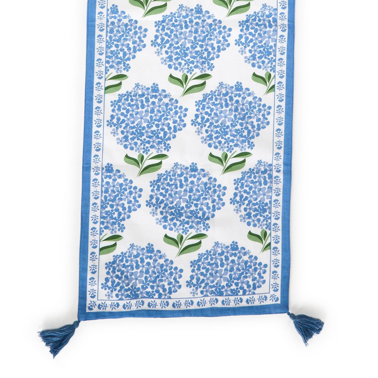 Hydrangea Table Runner with Tassel Accents - Cotton