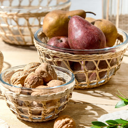 Island Chic Set of 3 Borosilicate Glass Bowls with Removable Hand-Woven Lattice