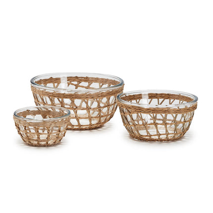 Island Chic Set of 3 Borosilicate Glass Bowls with Removable Hand-Woven Lattice