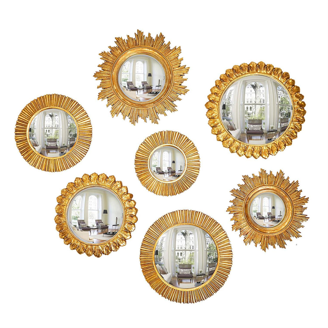 Set of 7 Gold Leaf Convex Wall Mirror