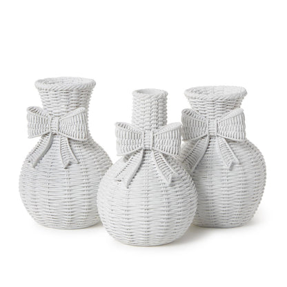 Bowed Beauties Set of 3 Basket Weave Pattern White Vases