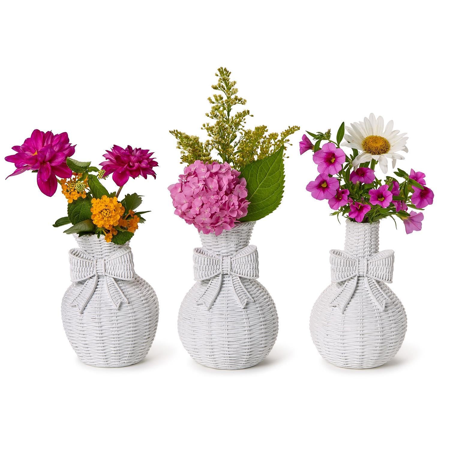 Bowed Beauties Set of 3 Basket Weave Pattern White Vases