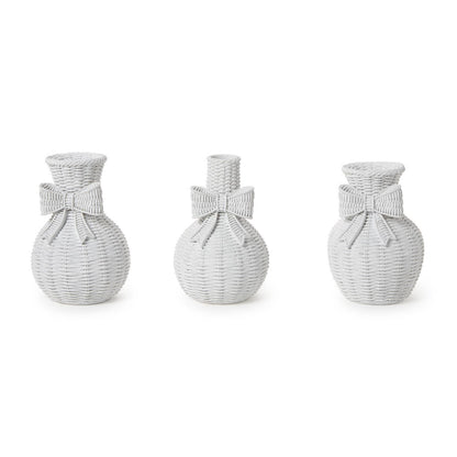 Bowed Beauties Set of 3 Basket Weave Pattern White Vases