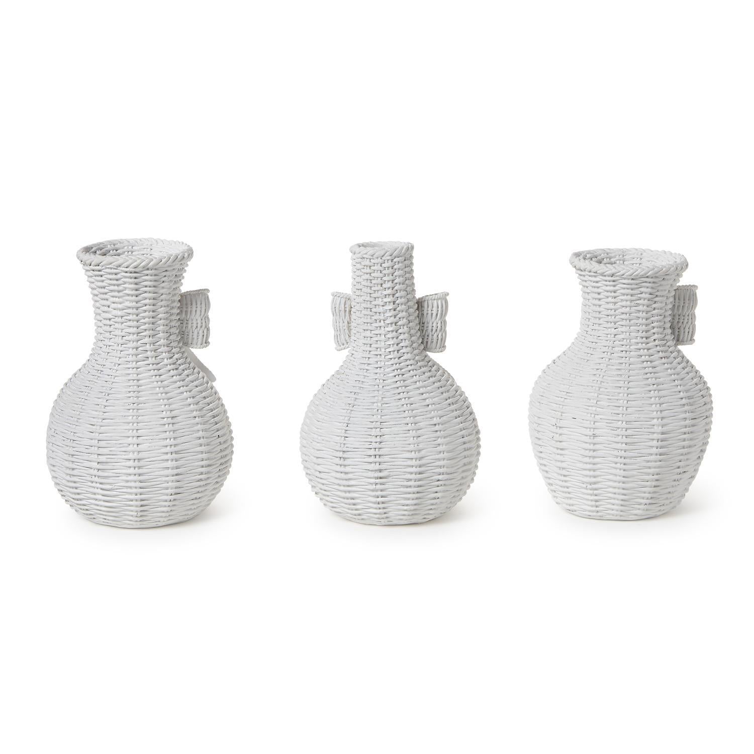 Bowed Beauties Set of 3 Basket Weave Pattern White Vases