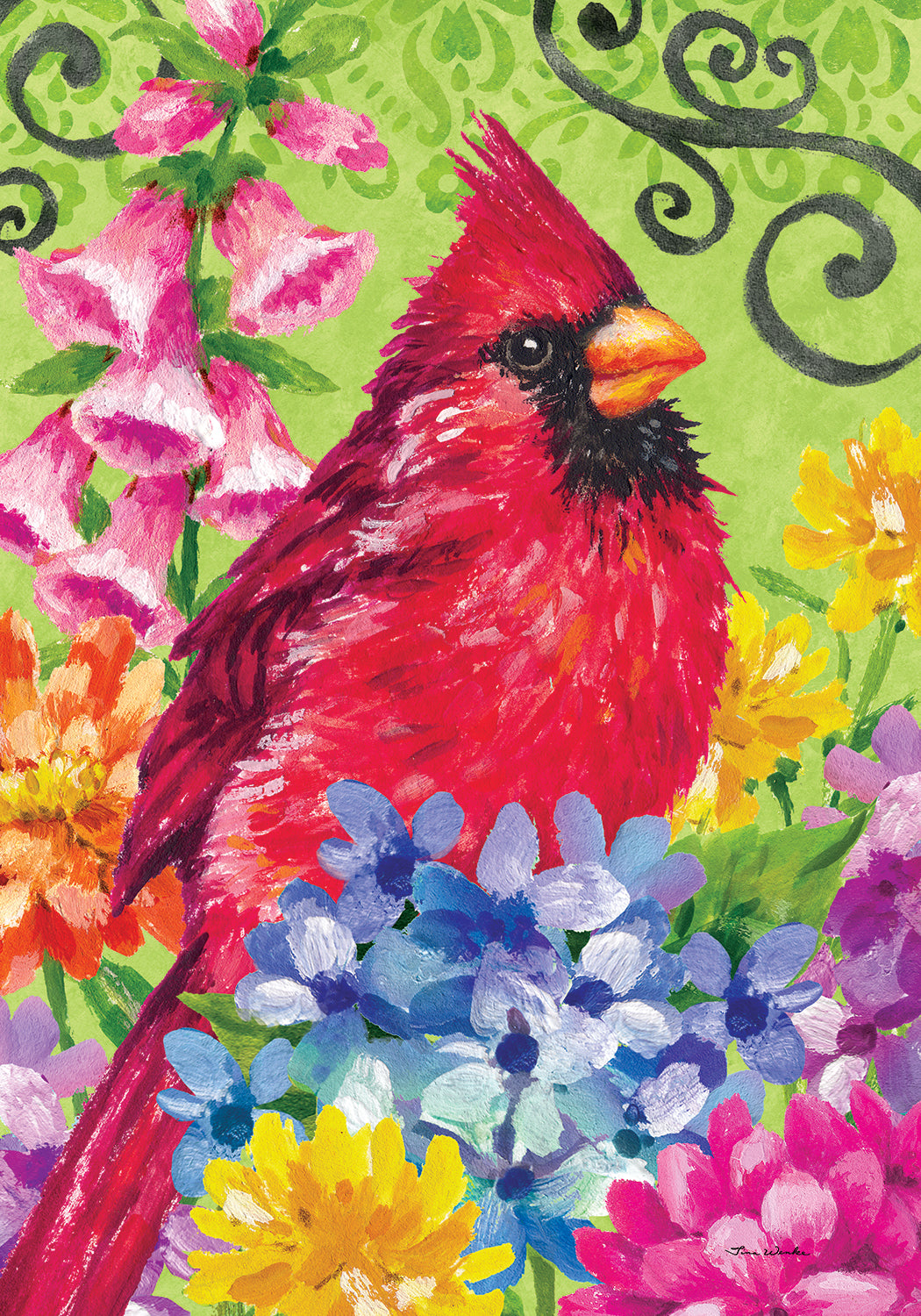 Cardinal with Flowers-Flag
