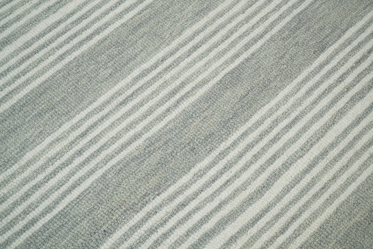 Modern Stripes Pattern Grey and Ivory Hand Tufted Wool Area Rug