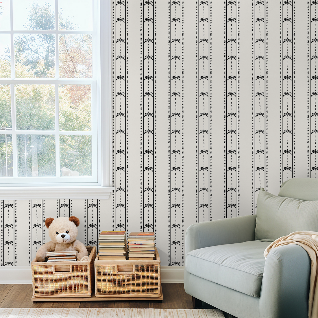 Cottage Bows (Black) Wallpaper