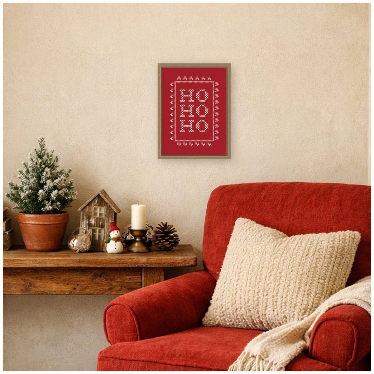 Ho Ho Ho Cross Stitch Red by Kikiandnim Framed Canvas Wall Art Print