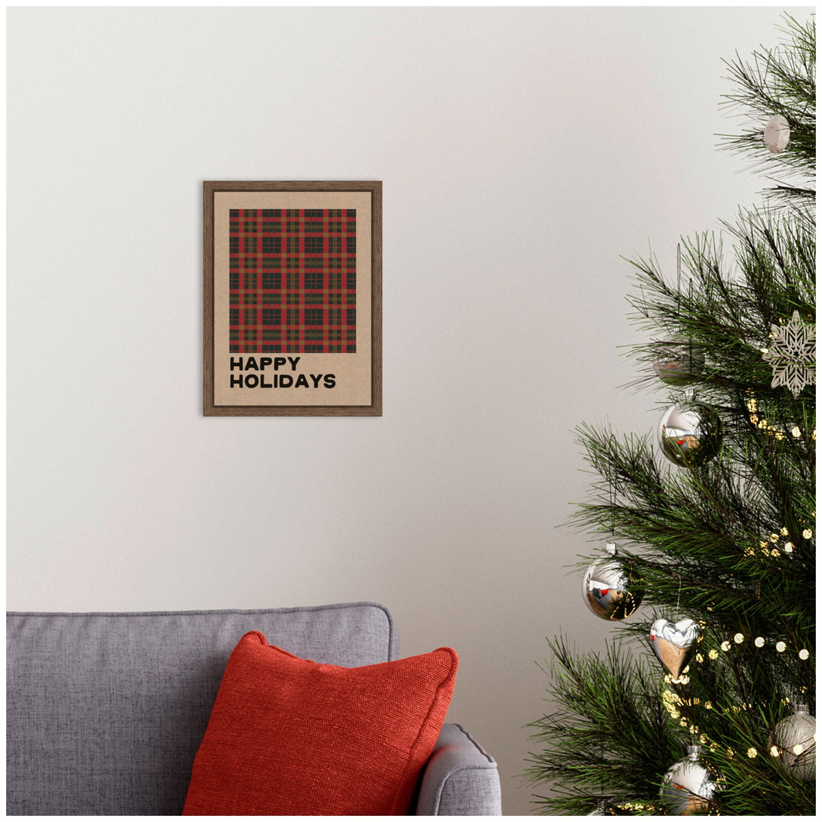 Holiday Plaid Neutral Linen by Kikiandnim Framed Canvas Wall Art Print