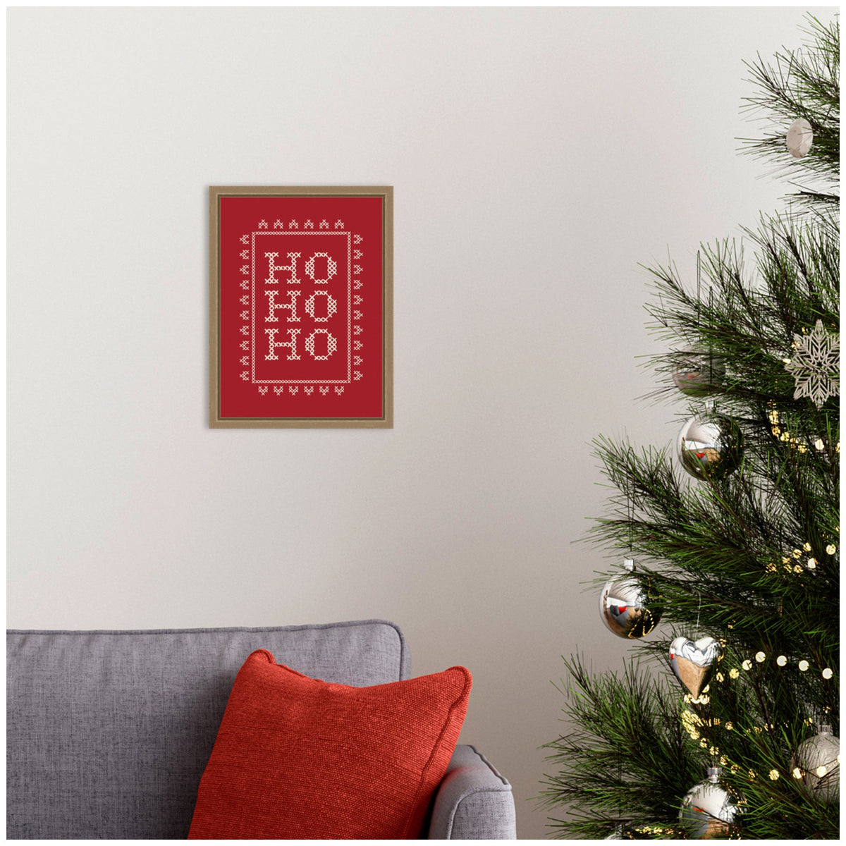 Ho Ho Ho Cross Stitch Red by Kikiandnim Framed Canvas Wall Art Print