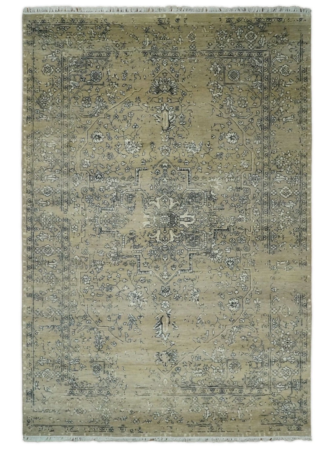 6x9 Fine Hand Knotted Beige and Black Traditional Vintage Persian Style Antique Wool Rug