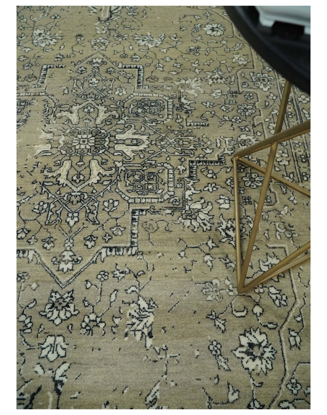 6x9 Fine Hand Knotted Beige and Black Traditional Vintage Persian Style Antique Wool Rug