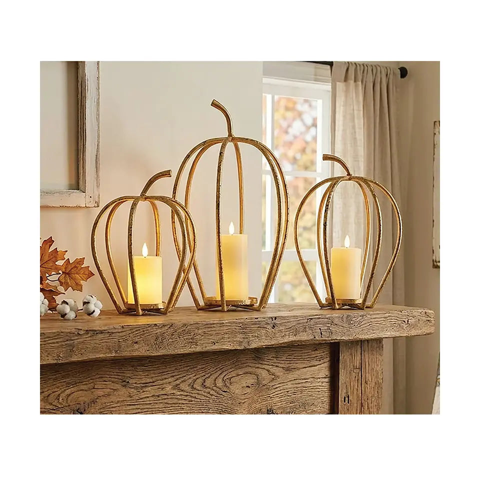 Distressed Golden Pumpkin Open Air Lanterns, 3/Set