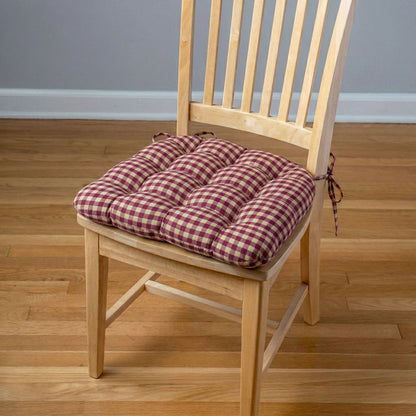 Farmhouse Check Dark Red &amp; Tan Dining Chair Pads - Made in USA - 100% Cotton - Machine Washable